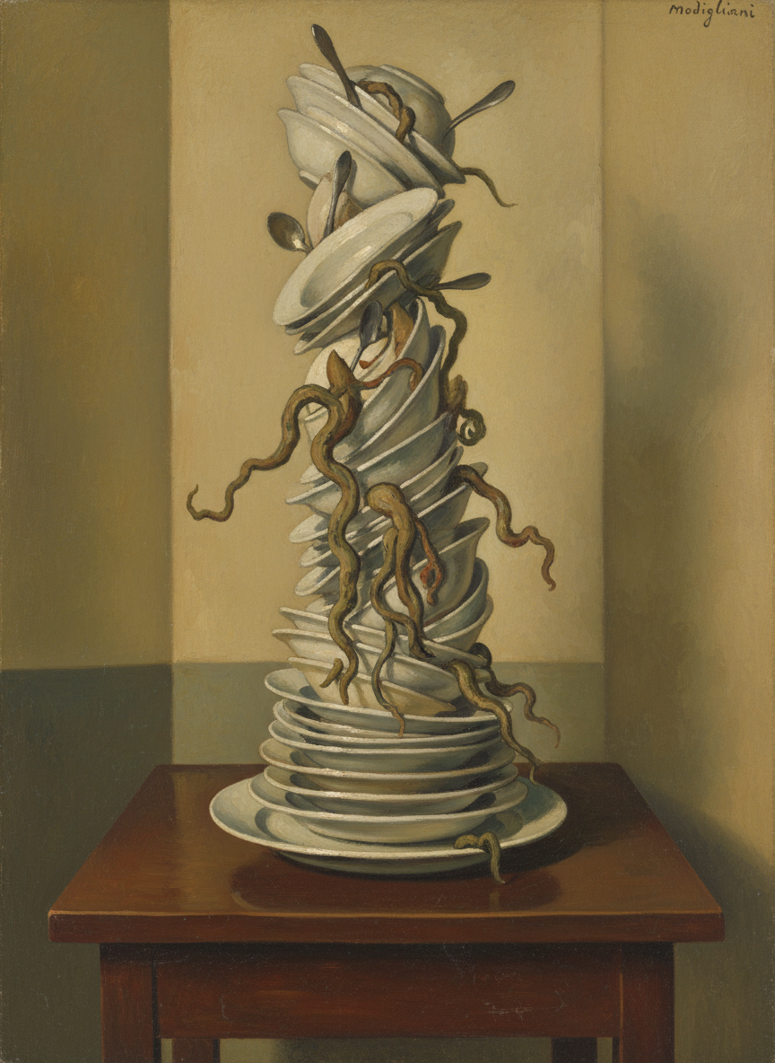 An unsteady tower of unwashed dishes stood on the end of the table, sprouting gruesome whiskers of mold.