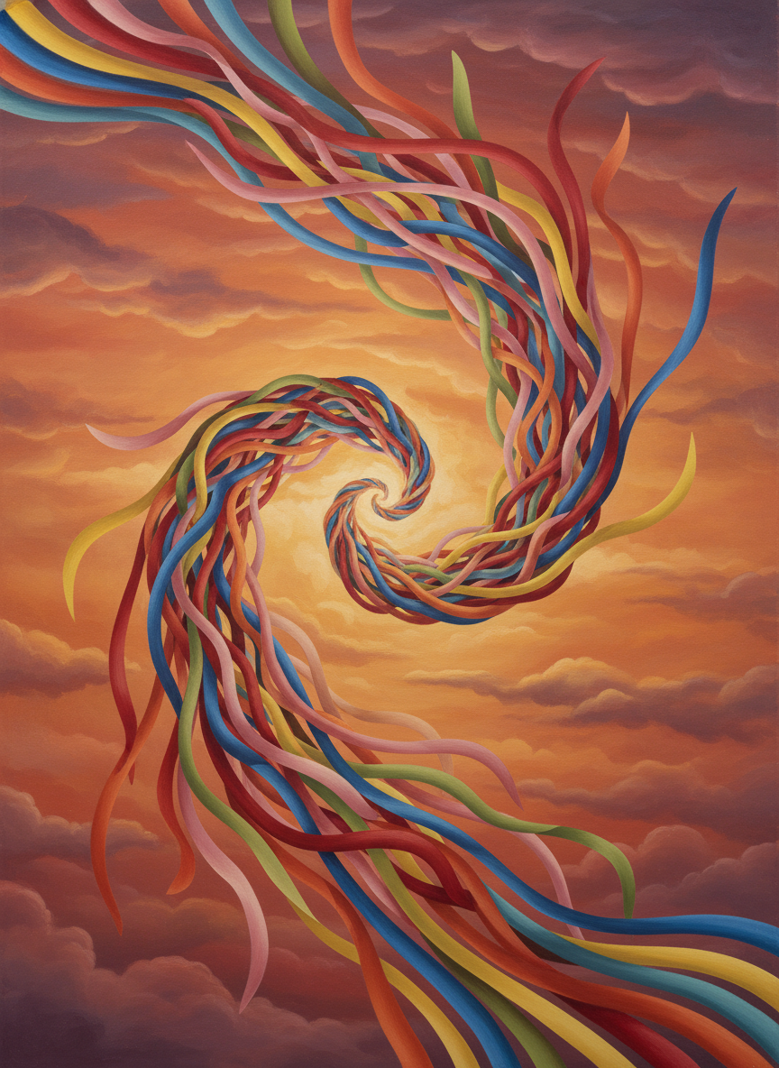 A red, a blue, a yellow, a pink, a green, an orange; spiraling round and round, tugging in the breeze.