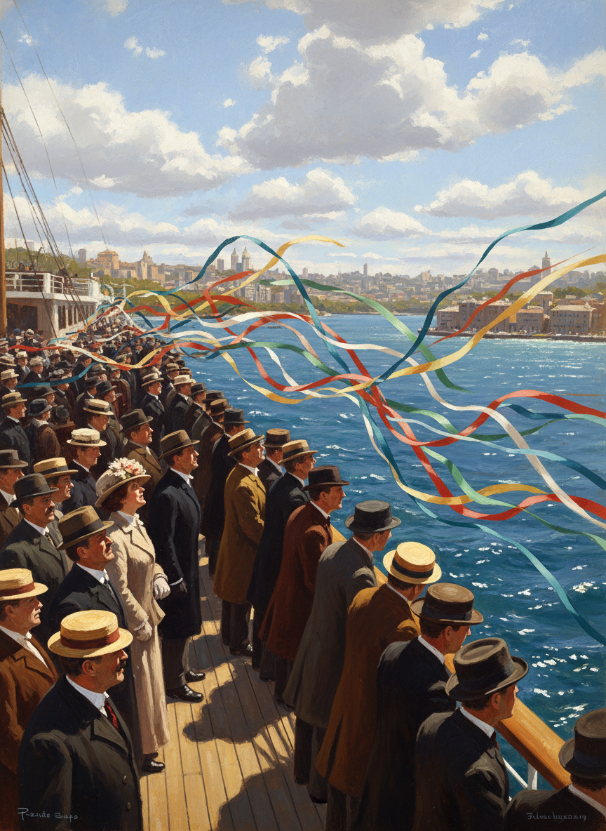 Sun warmed the upturned heads and the shoulder blades of those leaning down; a great multicolored swath of vibrating ribbons joined ship and shore.