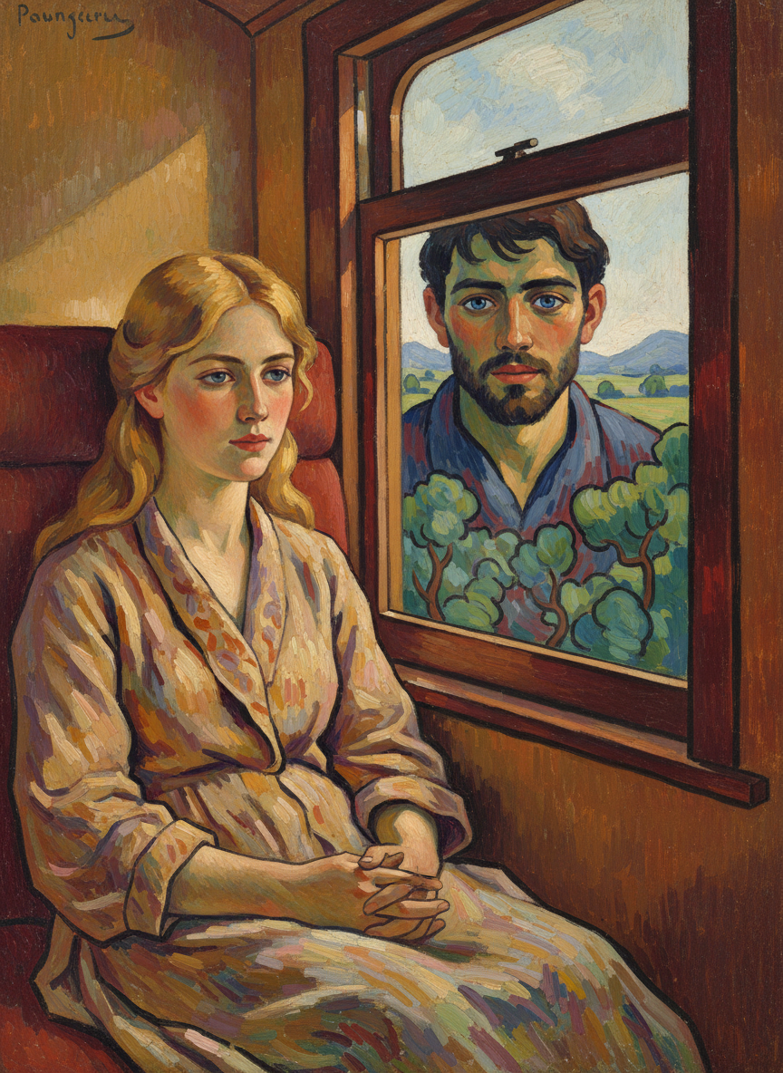 The cry she was going to give to attract his attention died unuttered; she drew back a little in her seat to watch him, for the train had halted only a few feet beyond where he stood, blue eyes scanning the windows without anxiety.