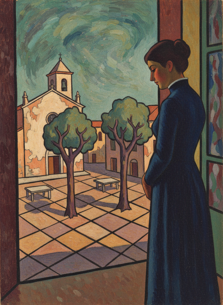 She walked to the window, looked down at a shabby little square with two tired plane trees in its paved quadrangle, three tables strewn beneath them, and to one side a church of no particular architectural grace or beauty, covered in peeling stucco.