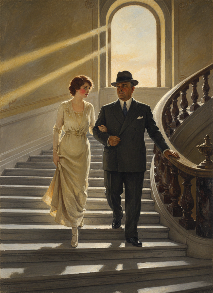 And so she found herself walking tongue-tied down the marble stairs in the company of that squat, powerful man.