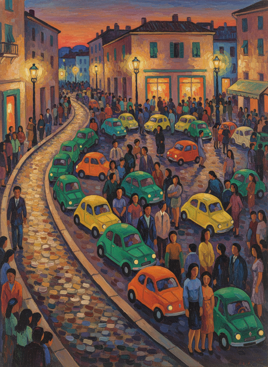 It was warm, and growing dark; but the lights were brilliant, there were crowds it seemed no matter where they walked, and the roads were jammed with shrieking motor scooters, tiny aggressive Fiats, Goggomobils looking like hordes of panicked frogs.