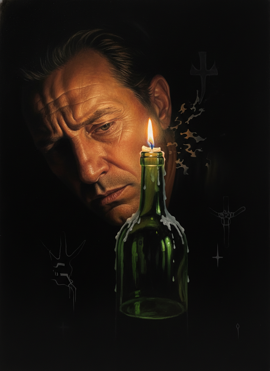 He leaned forward, out of the shadows into the weak light of the little candle in its Chianti bottle.