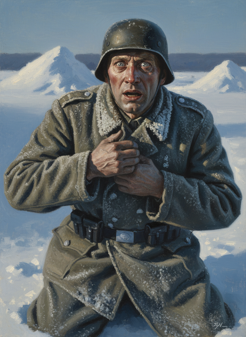 Half crazed, half frozen, waiting defenseless for Khrushchev’s guerrillas to drop from low-flying planes parachuteless into the snowdrifts, he beat his breast and muttered prayers.