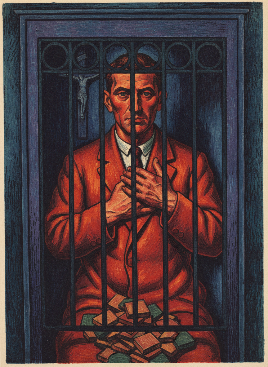 Because he couldn’t promise to cease sinning he had been refused absolution in the confessional several times, but somehow he and his religion muddled through in one piece, until accumulated money and power removed him so many layers beyond guilt he could present himself repentant, and be shriven.