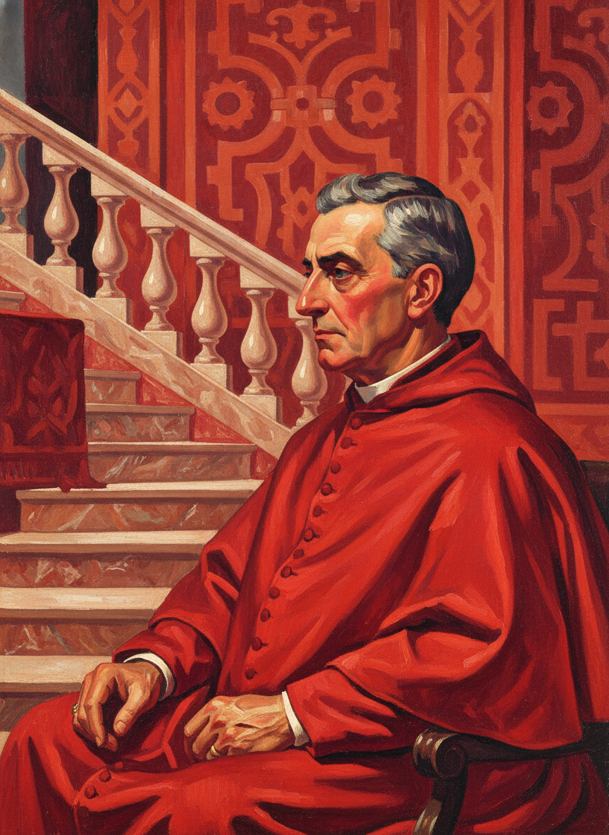 Up the marble stairs to the scarlet-and-crimson room, to talk to Vittorio Scarbanza, Cardinal di Contini-Verchese.
