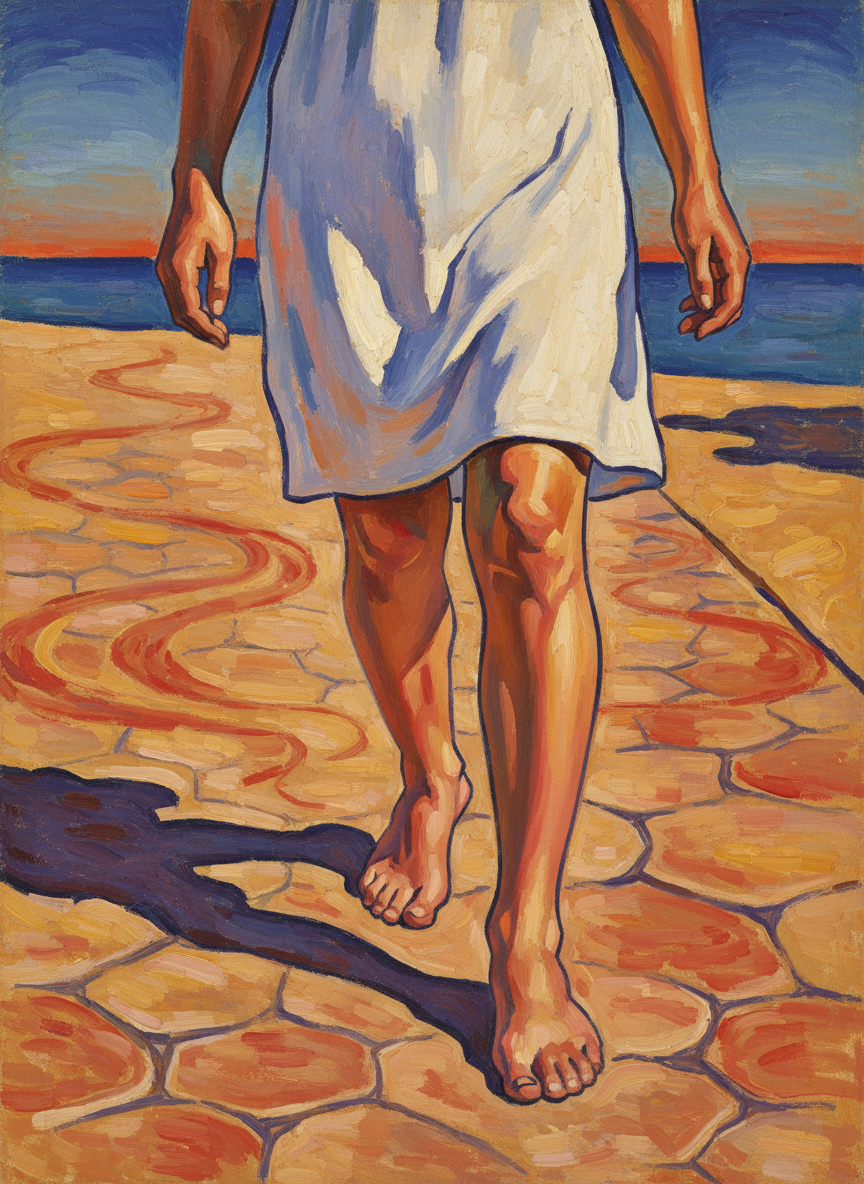 Her shoes were off, as usual; awed, he had watched her walk barefooted on pavements hot enough to fry an egg, and over stony places.