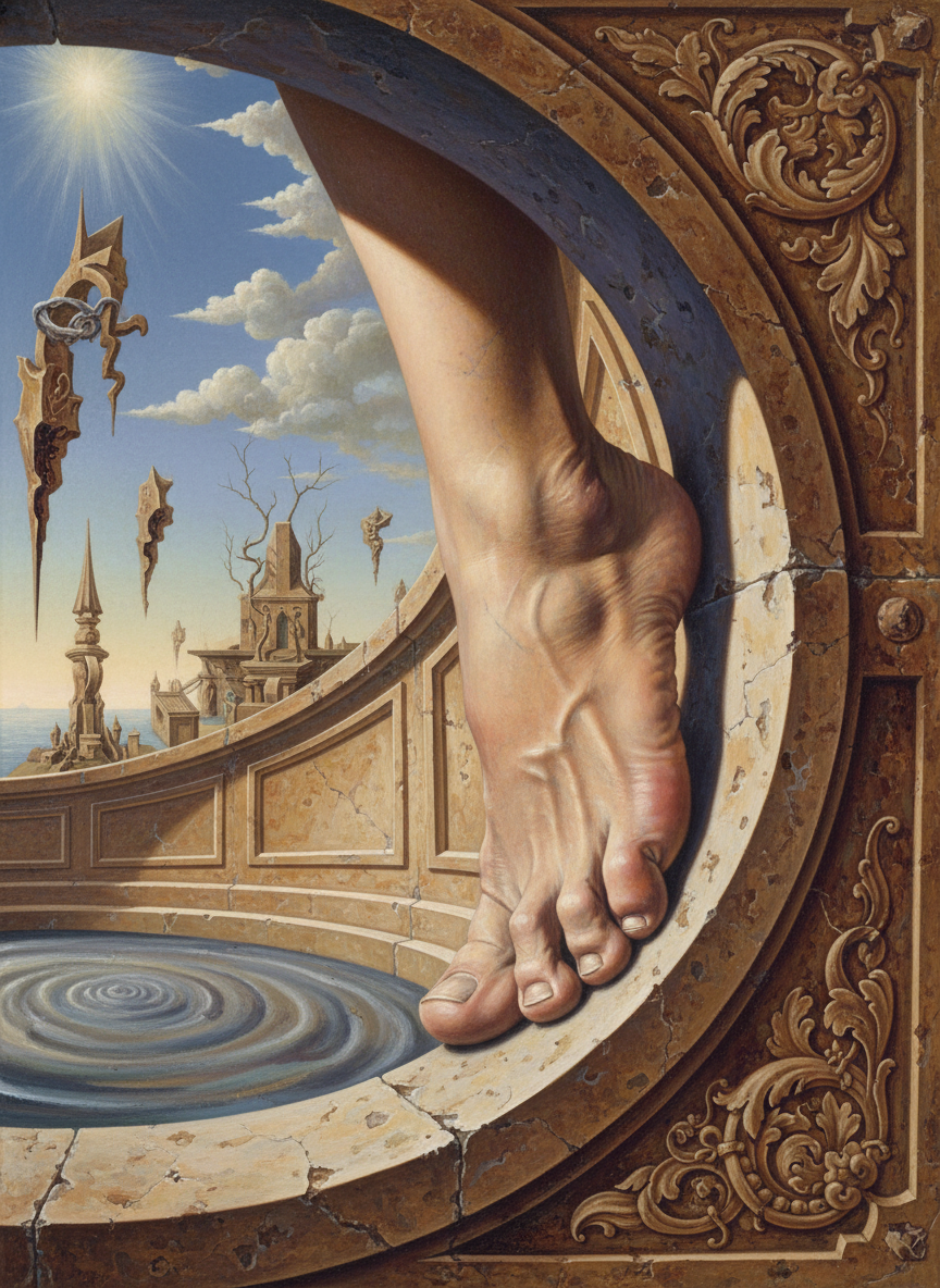 Her broad toes clung like strong fingers to the inside of the fountain wall, she teetered precariously backward and righted herself easily.