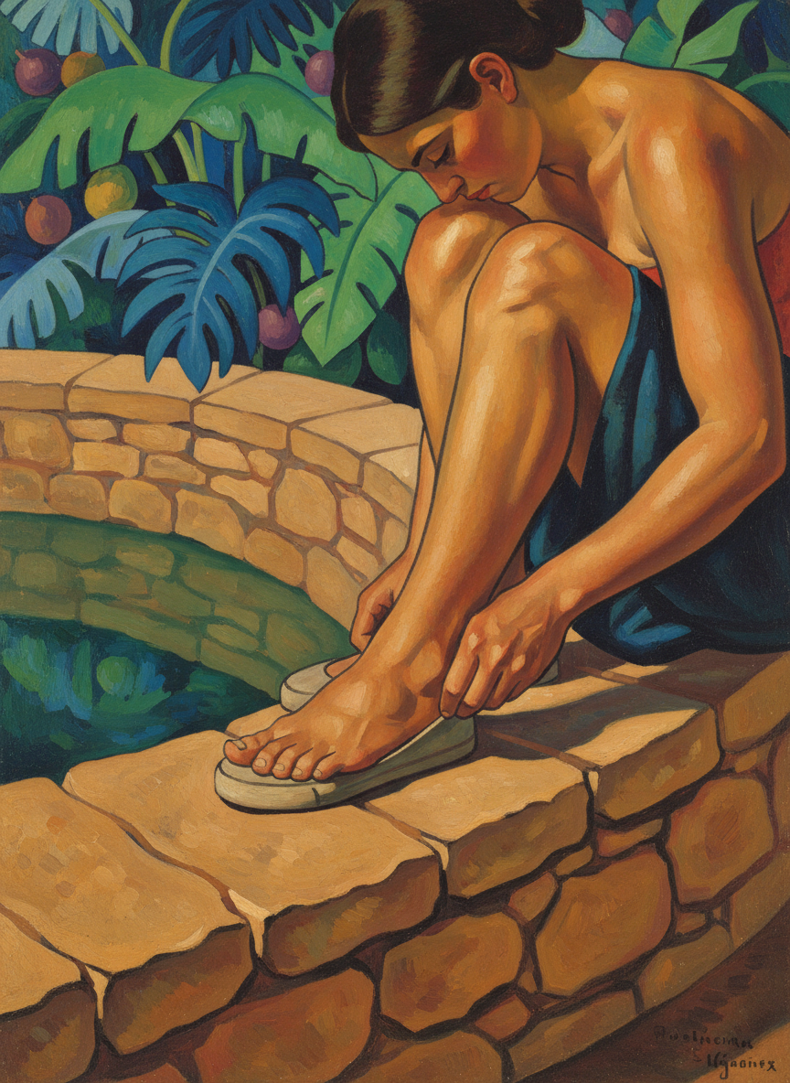 She jumped down, sat on the wall and leaned to put her shoes on, wriggling her toes ruefully.
