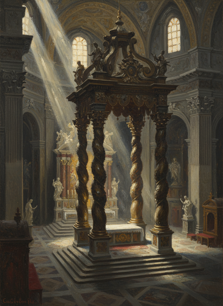 The echoes of old voices seemed to whisper among the pouring slivers of light, dead fingers polished the bronze rays behind the high altar and caressed the twisted bronze columns of the baldacchino.