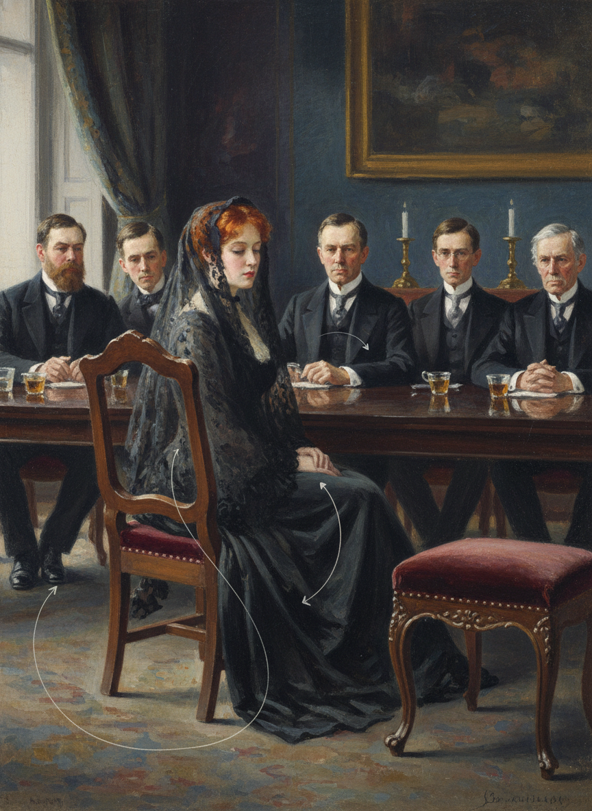 Justine’s fiery hair dimmed under a black lace veil, the only female Cleary present.