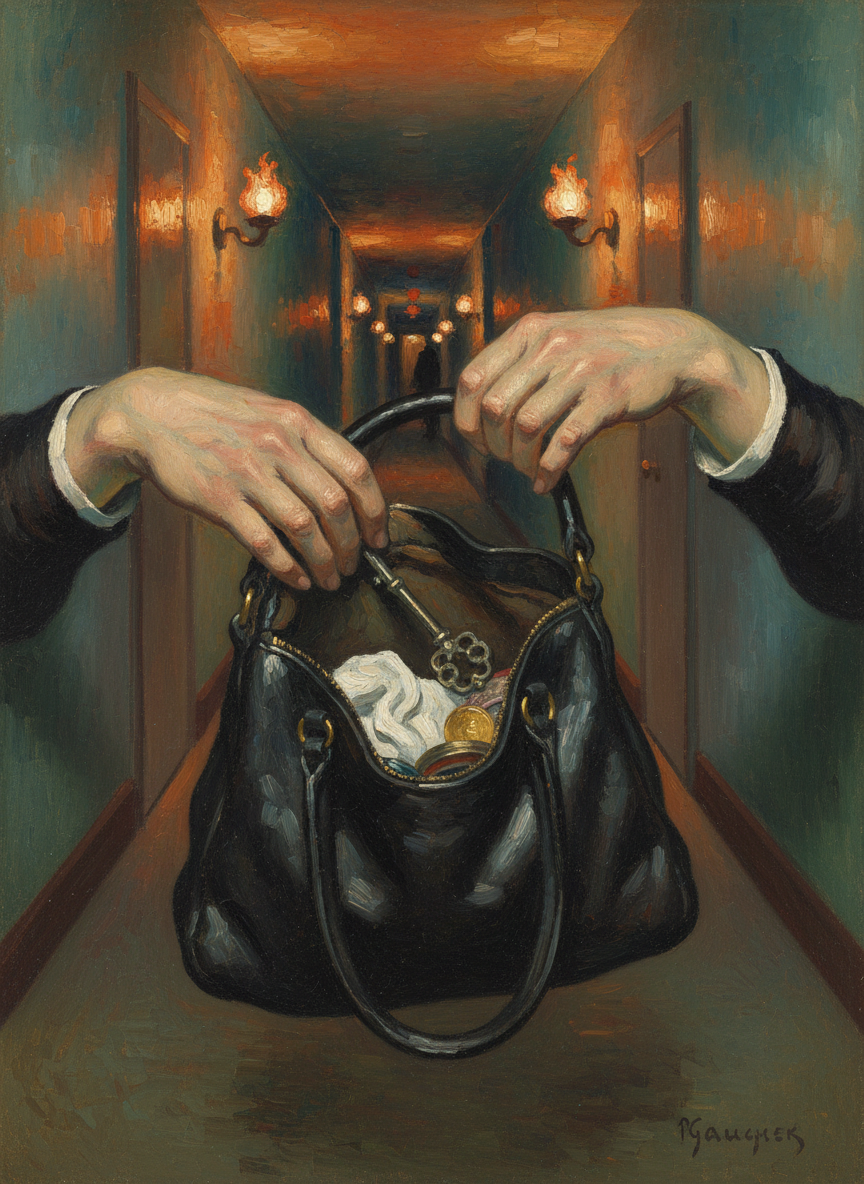 Then for some time her trembling hands couldn’t find the room key in her bag and she thought she would have to go down again, brave the throng about the desk.
