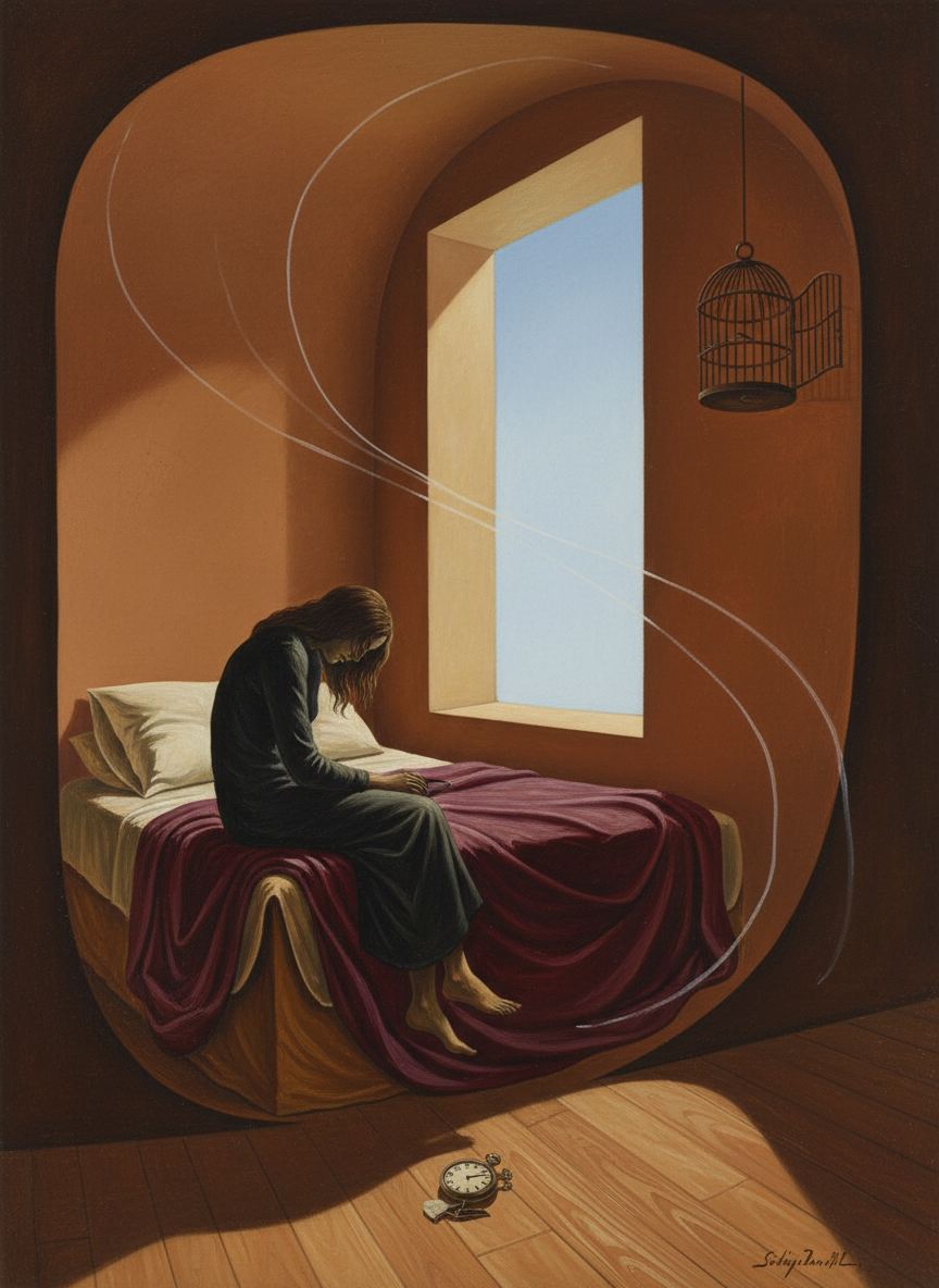 Inside at last, she groped her way to the bed, sat down on its edge and let coherent thought gradually return.