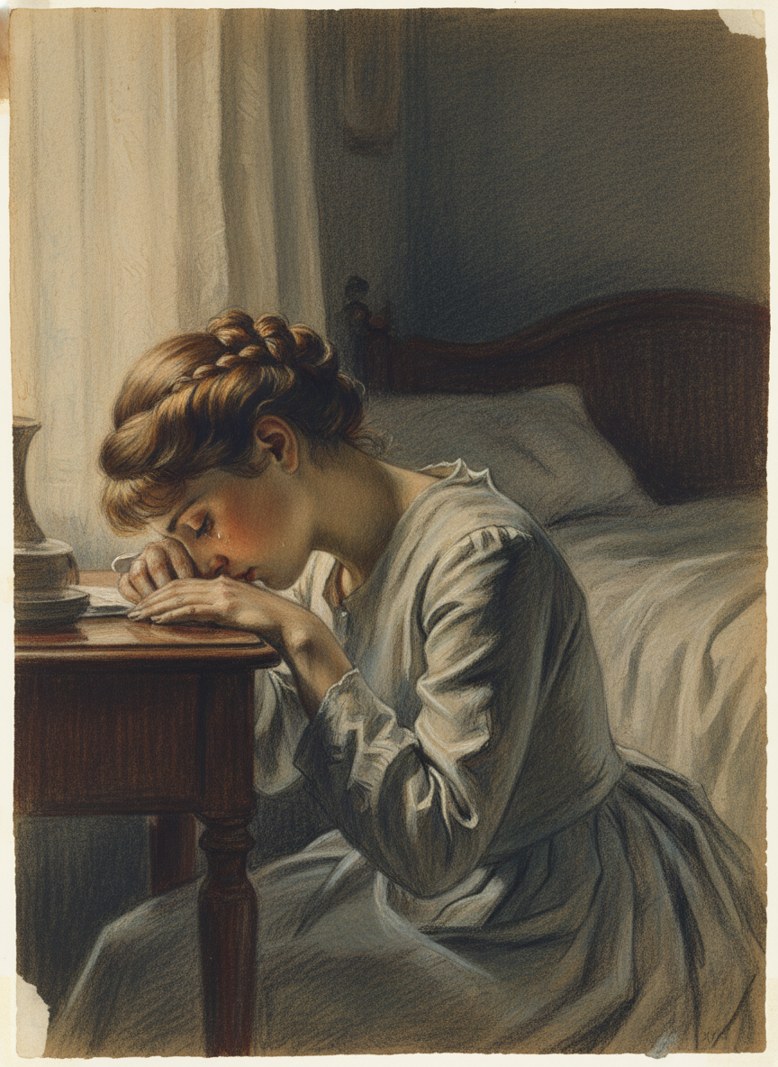 She bent forward to put her forehead against the cool bedside table, tears running down her face.