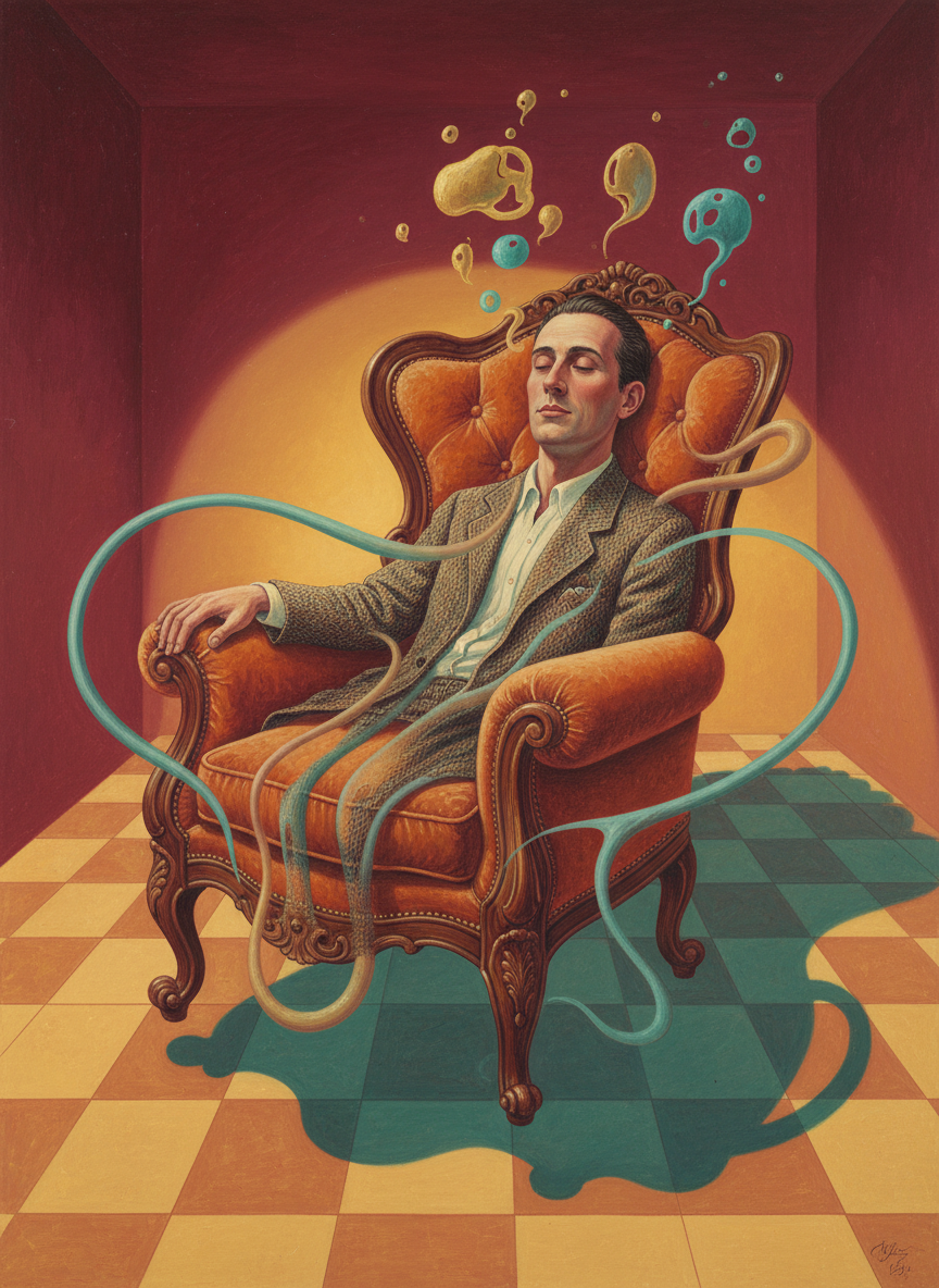 Suddenly relaxing deeply, he lay back in his chair.