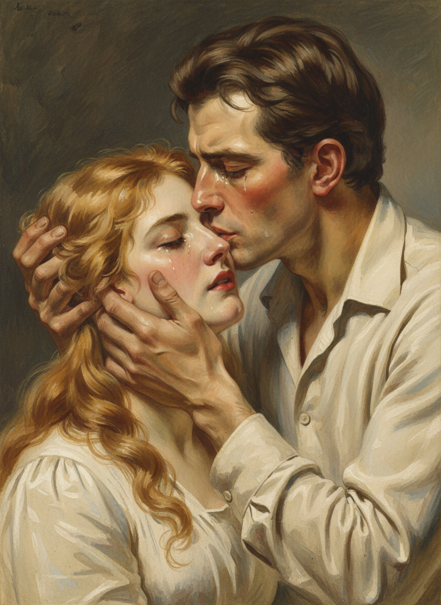 He tugged at her hair to bring her face up to his, kissed her eyelids, her wet cheeks, the corners of her mouth.