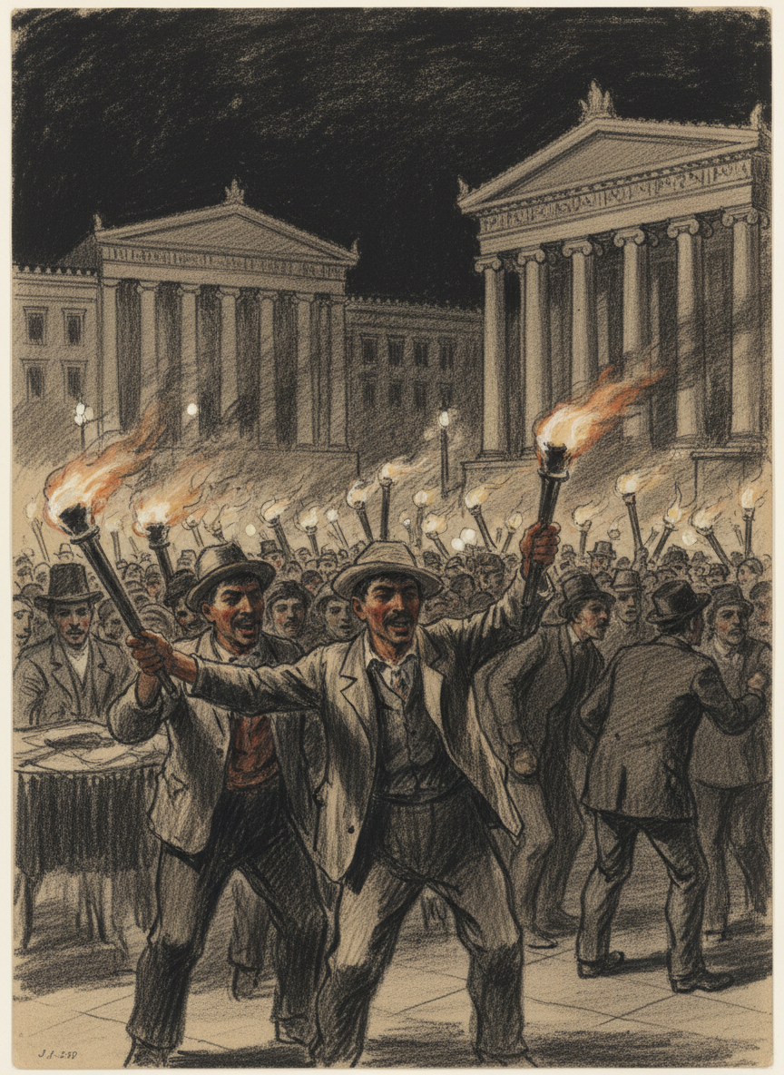 the crowds roared, chanting, milling among the torches until after midnight.
