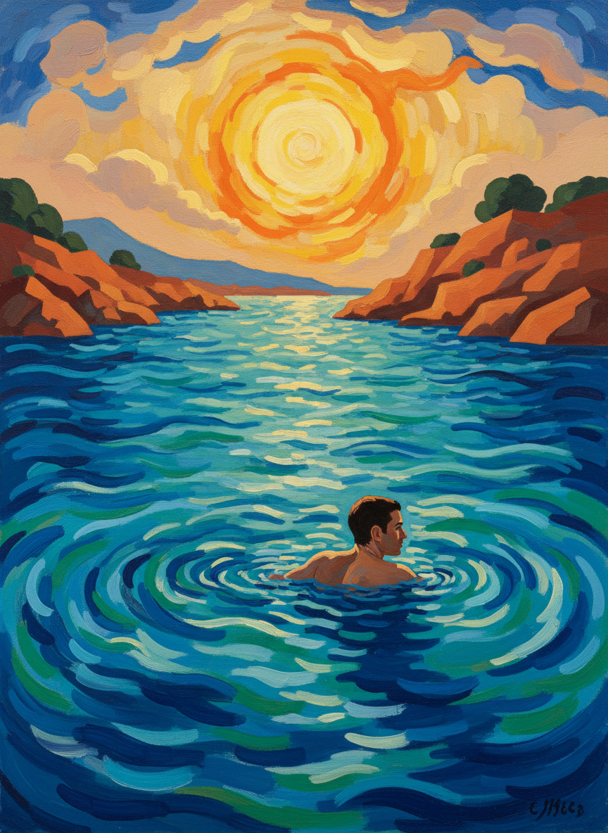 In melted sun he paused for a while above Kamena Voura, swam in the clear water looking across the narrow strait to Euboea; there must the thousand ships have sailed from Aulis, on their way to Troy.