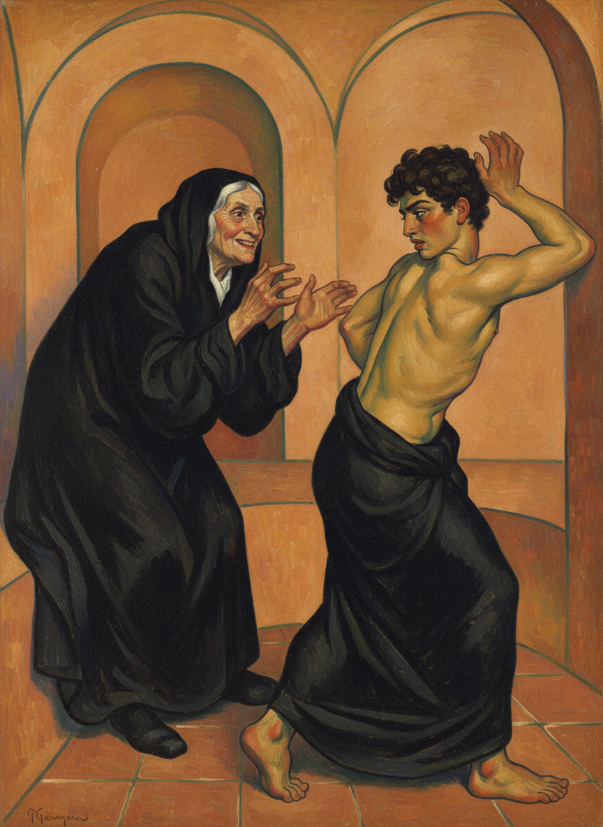 The ecstatic cooings and strokings of the ancient black-garbed crone in the bathhouse embarrassed him; he couldn’t get away from her fast enough.