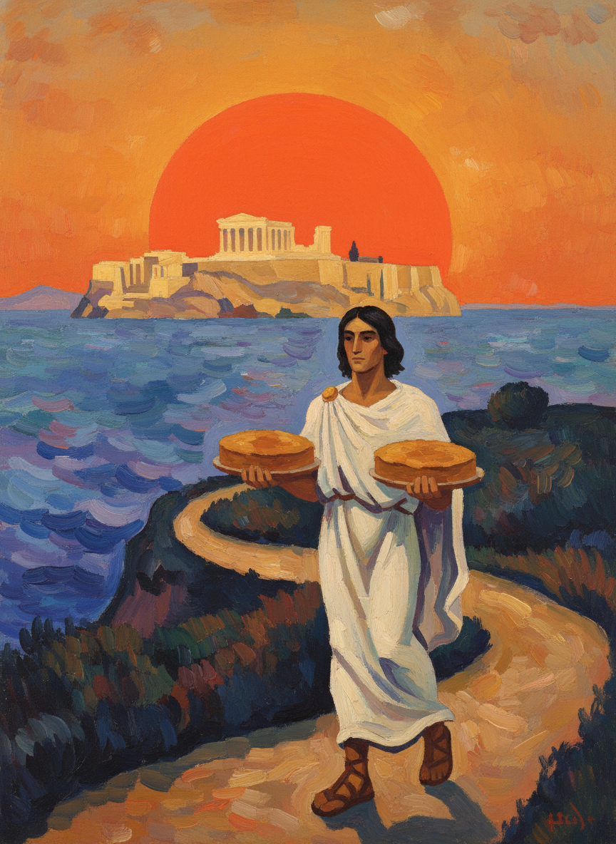 Delaying only to buy a couple of huge, custard-filled cakes in the shop, he went on down the Attic coast and finally came to Athens as the sun was setting, gilding the great rock and its precious crown of pillars.