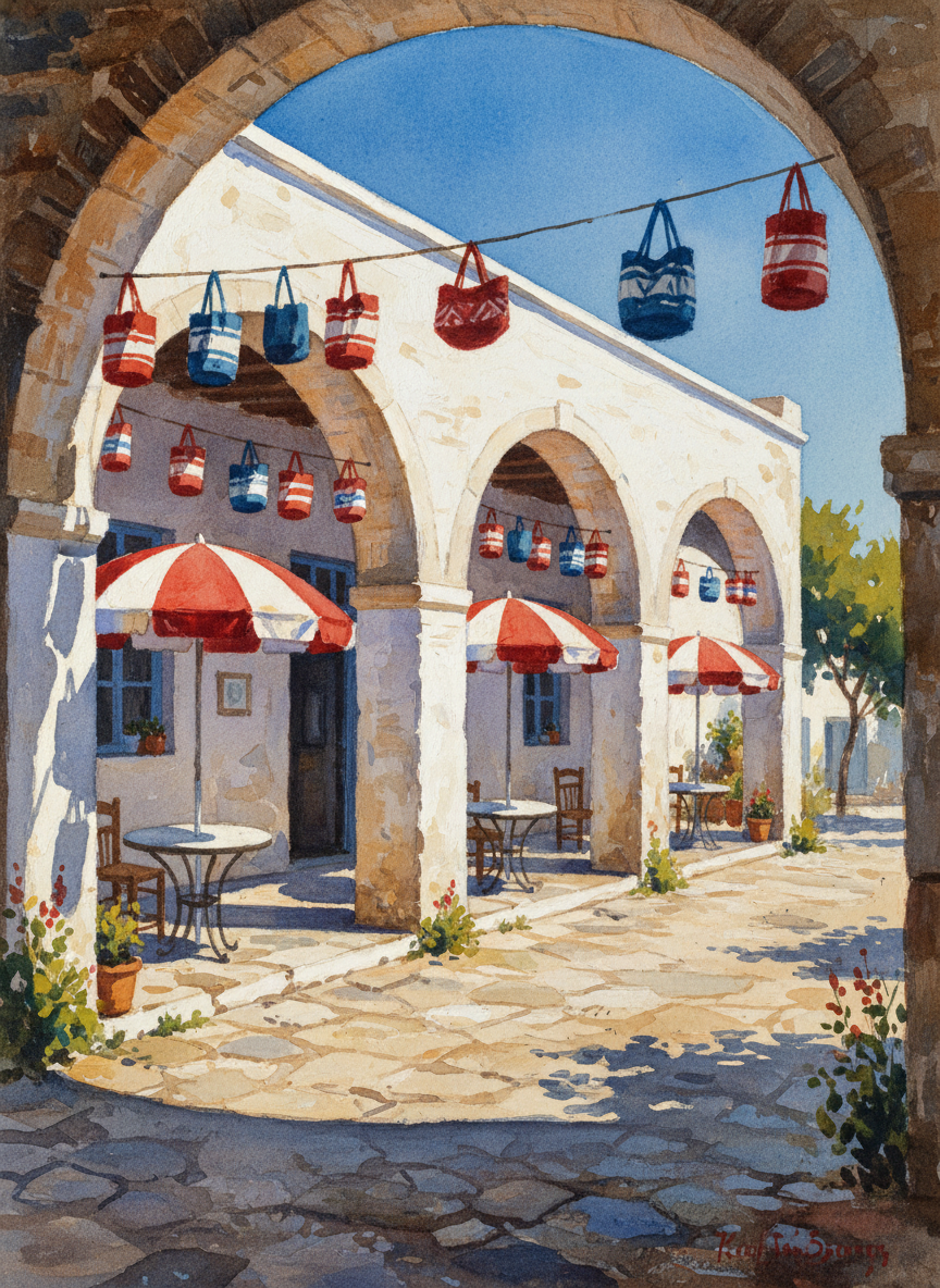 After a long bus ride with trussed chickens screeching and the all-pervasive reek of garlic in his nostrils, he found a tiny white-painted inn with an arched colonnade and three umbrellaed tables outside on the flagstones, gay Greek bags hanging festooned like lanterns.