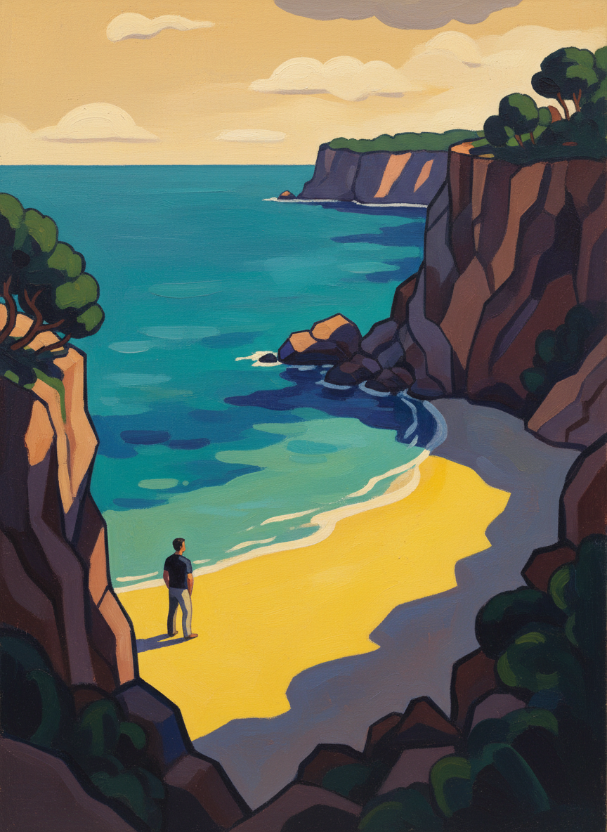 He had come to the little beach where he liked to swim, a yellow crescent between beetling cliffs, and stood for a moment looking across the Mediterranean to what must be Libya, far below the dark horizon.