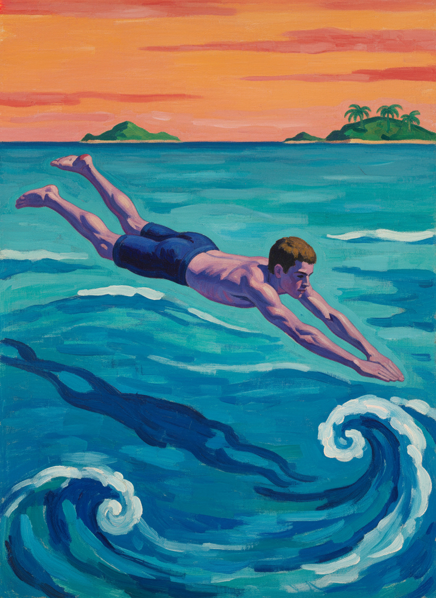 “Thanks.” Dane grinned, ran down to the innocently curling wavelets and dived cleanly into shallow water like the expert surfer he was.