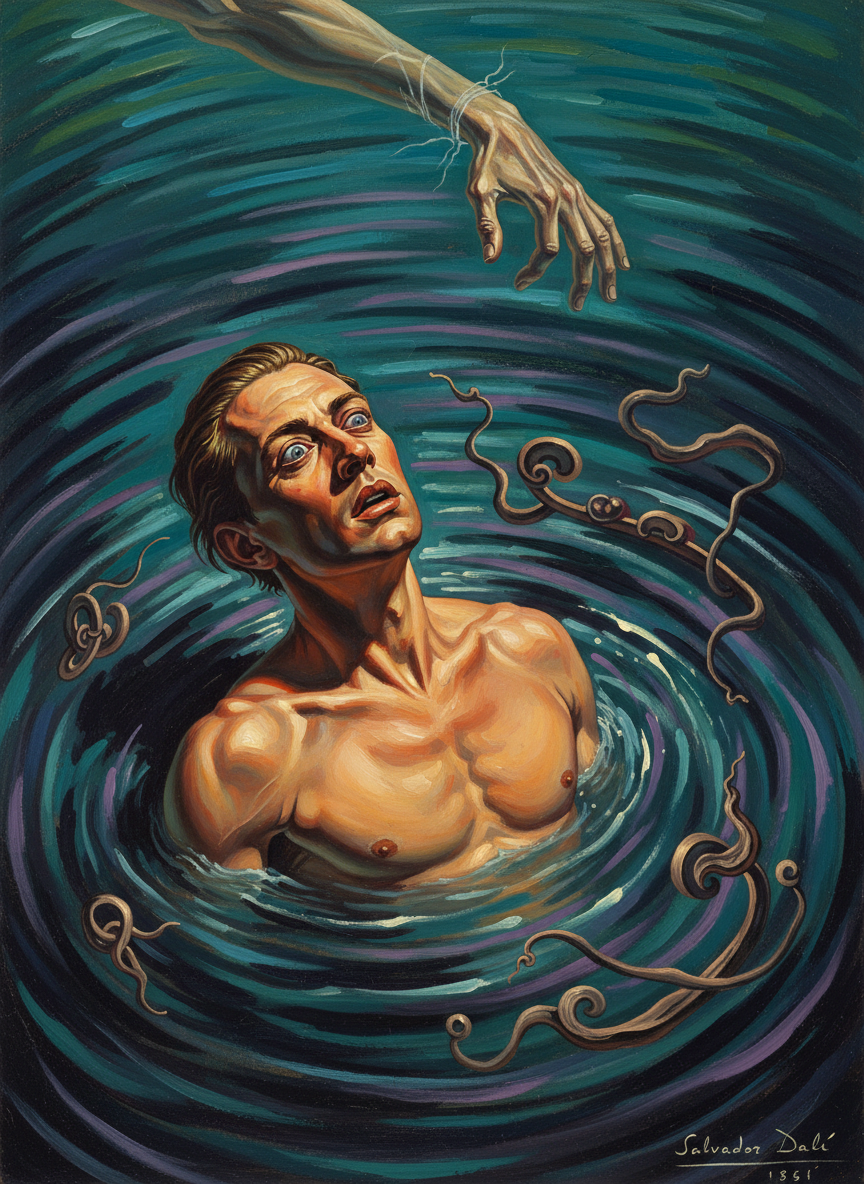 While he rested, chest heaving, the current had sucked him out again, his feet no longer brushed the bottom even when he stretched them downward.