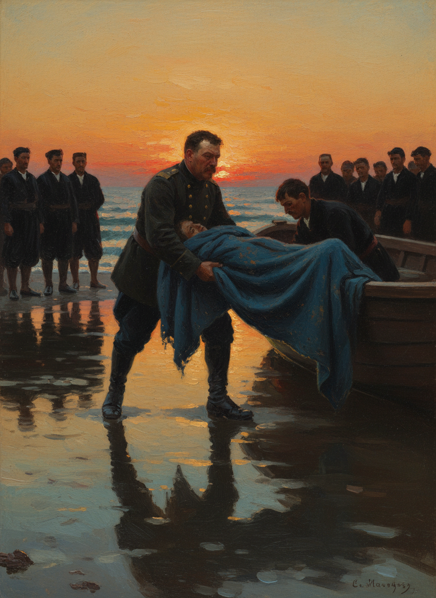 When the launch came in a burly master sergeant sprang out onto the sand, turned back to receive a blanket-draped form into his arms.