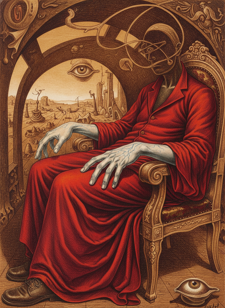 His hand slipped, flopped like a rag doll’s into his scarlet lap as he sank into a chair.