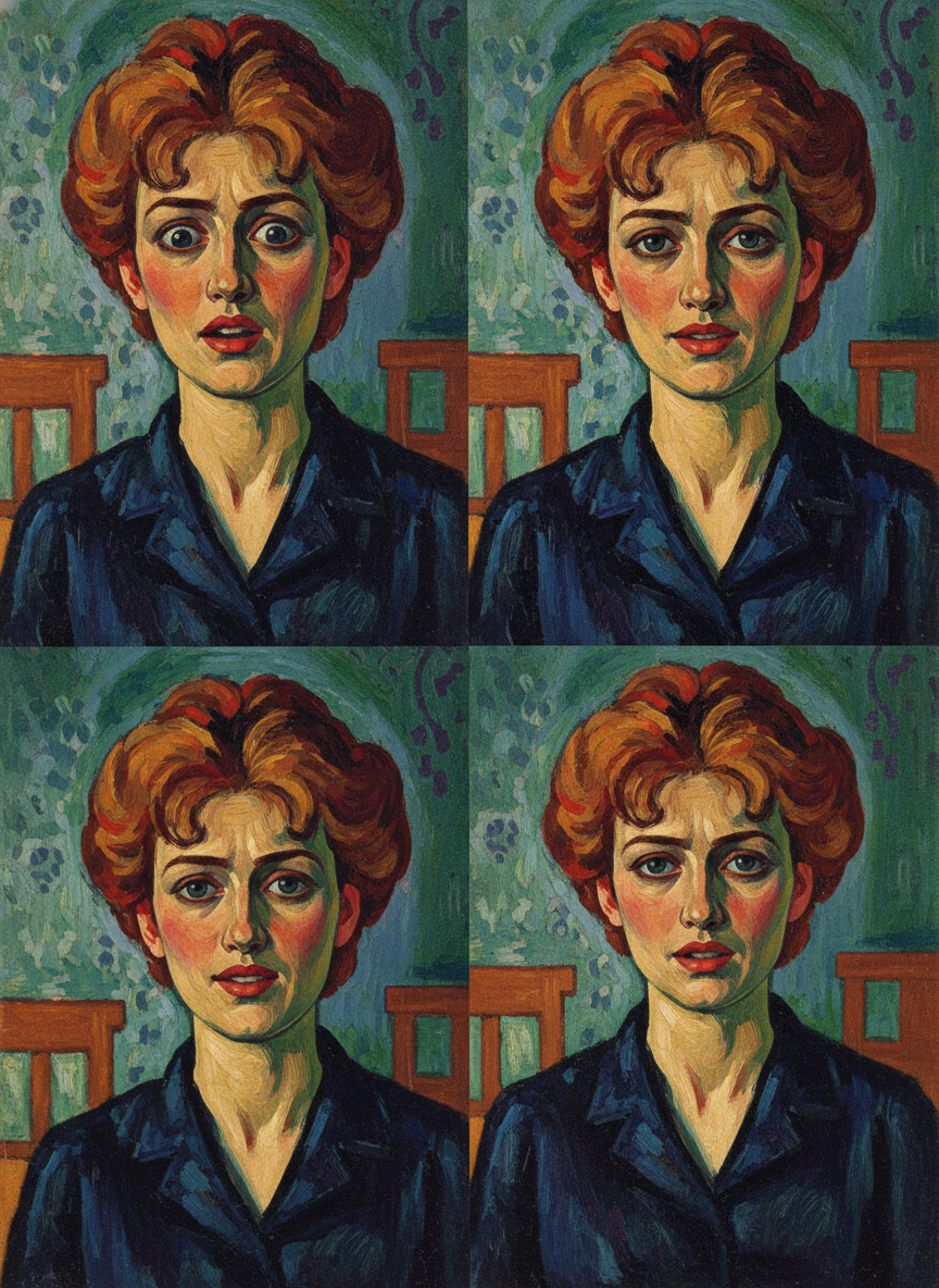 She reared back, stunned and outraged, then shook her head, half-smiling as if at the antics of some inanimate object beyond her power to influence; then she trembled, licked her lips, seemed to come to a decision and sat up straight and stiff.