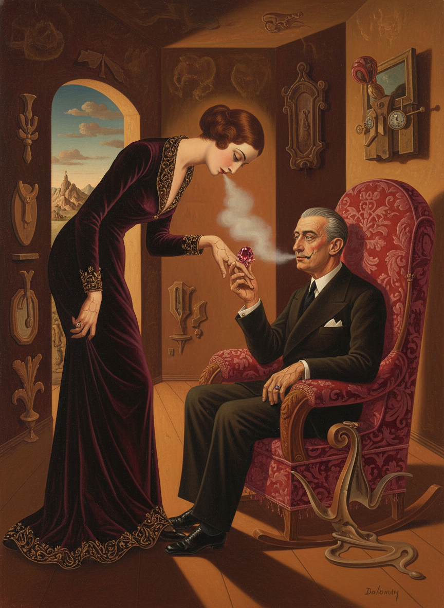 She got up, came to stand over him in the red brocade chair, took his thin, parchmentlike hand in hers, bent and kissed the ring, the breath of her voice misting its ruby to milky dullness.