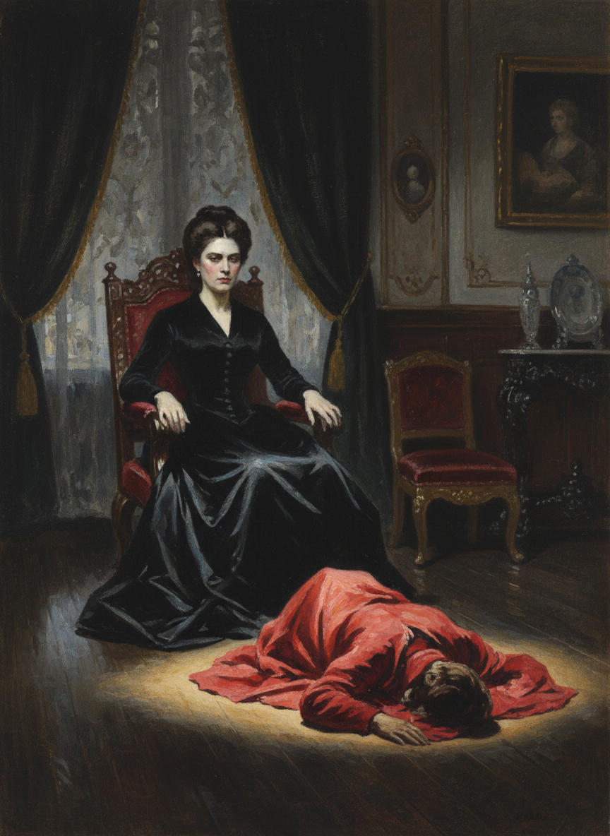 She sat in her chair, implacable and unpitying, and watched the scarlet form in its agony on the floor.