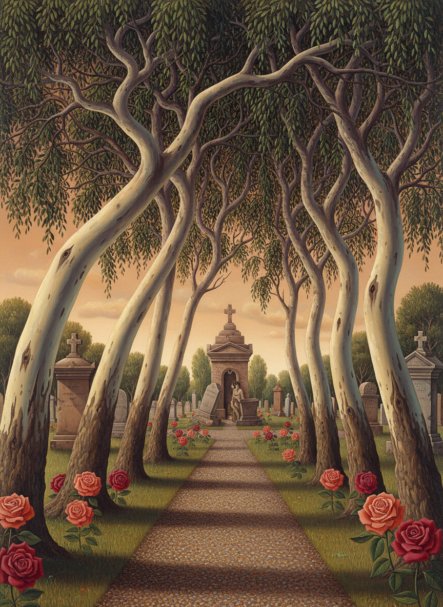Out across the lawn, down past the ghost gums, the roses, the pepper trees, to the cemetery.