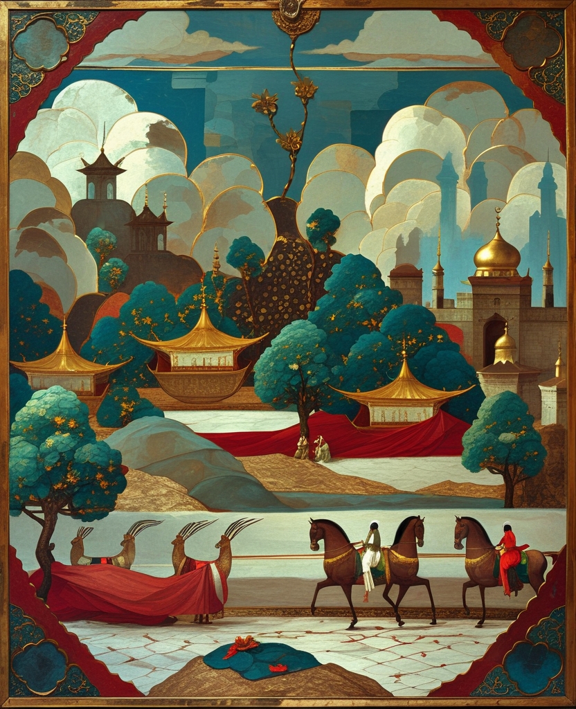 I painted scalloped Chinese-style clouds, clusters of overlapping vines and forests of color that hid gazelles, galleys, sultans, trees, palaces, horses and hunters.