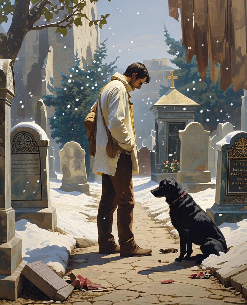 Entranced by the flakes blowing here and there, I became so lost in the vagaries of my life that I didn’t notice the black dog staring at me from a dark corner of the cemetery.
