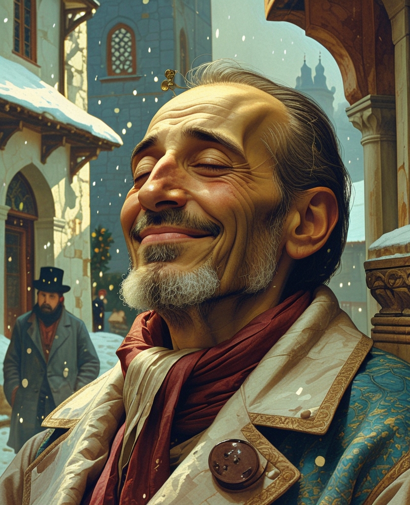 One of them who was blind smiled as he watched the falling snow.