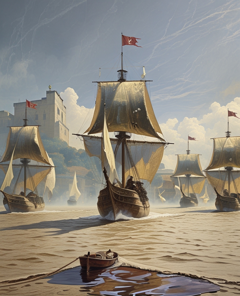 The color of its sails matched the leaden and foggy hue of the surface of the Golden Horn.