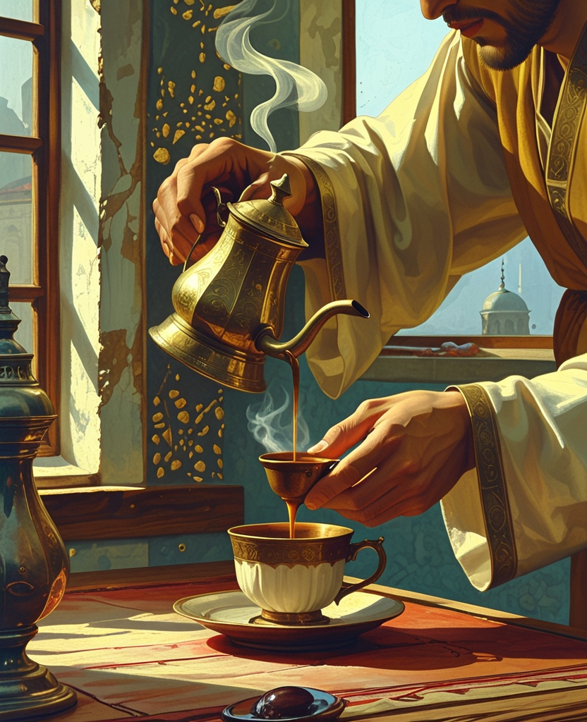 See, my master is pouring coffee for me from a small coffeepot.