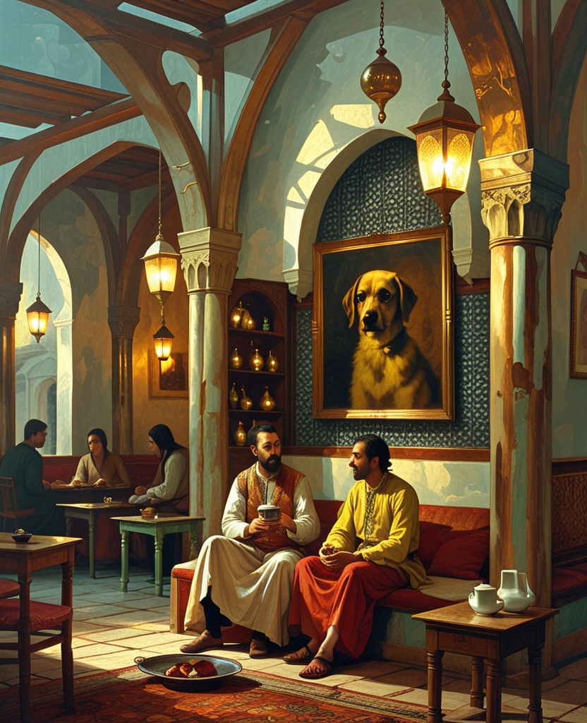 Tonight, for example, while warming up with a steaming coffee at the coffeehouse located in the back streets of the slave market, gazing at the sketch of a dog hanging on the back wall, I was gradually forgetting my plight and laughing with the rest of them at everything the dog recounted.
