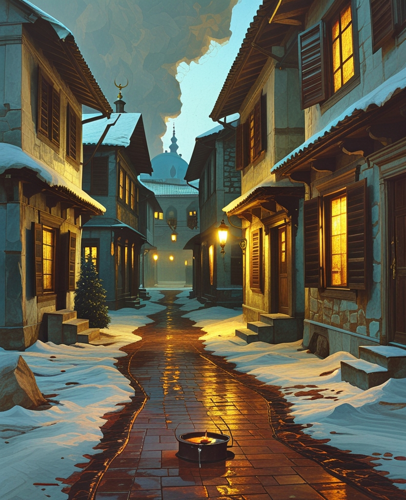 At times, the dim light of an oil lamp still burning somewhere inside a wooden house filtered out from behind blackened windows and drawn shutters, reflecting on the snow; but mostly, I could see nothing, and found my way by listening for the sounds of watchmen banging their sticks on stones, for the howling of mad dogs, or the sounds coming from houses.
