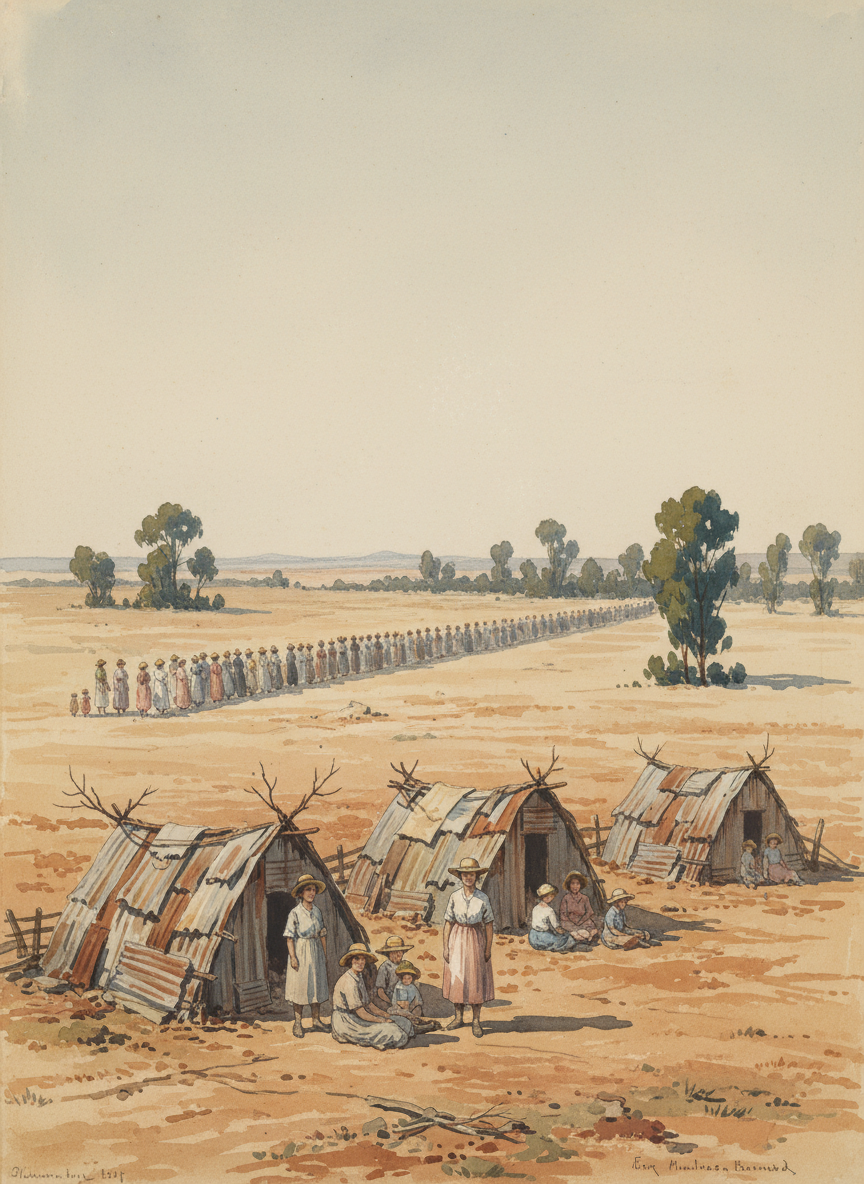 Left to fend alone, wives and children lived in humpies on municipal land and queued for the dole; fathers and husbands had gone tramping.