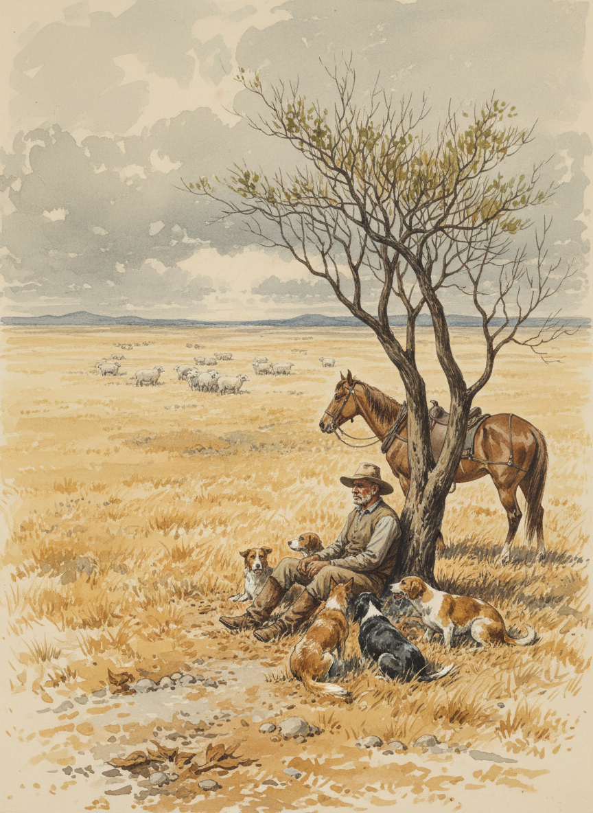 He got down from his horse, tied the animal securely to a tree and sat beneath a wilga to wait it out.