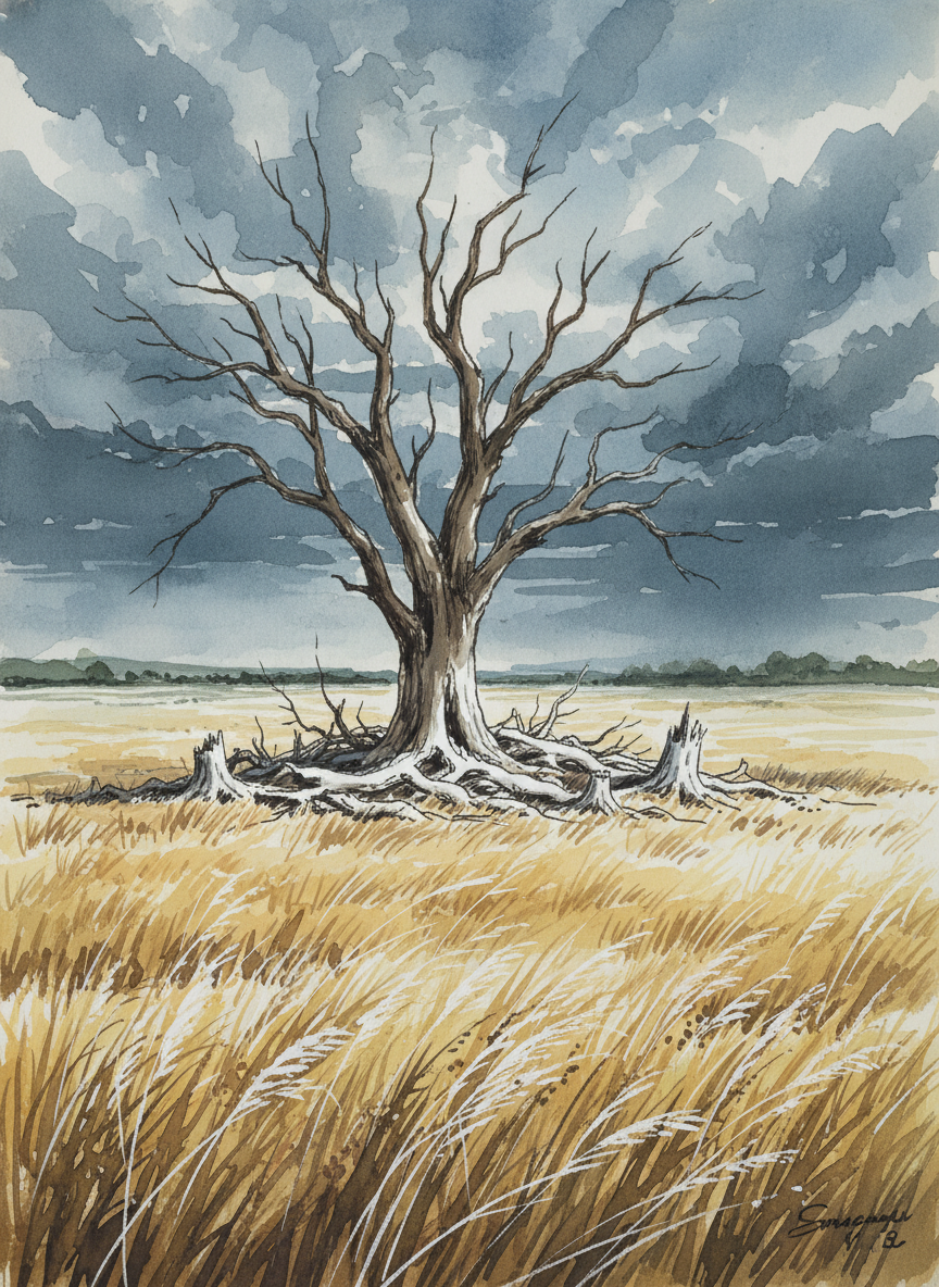 In the middle of the white, skeletal heap was one massive dead gum, its bare body soaring forty feet toward the night-black clouds, spindling at its top into a sharp, jagged point.