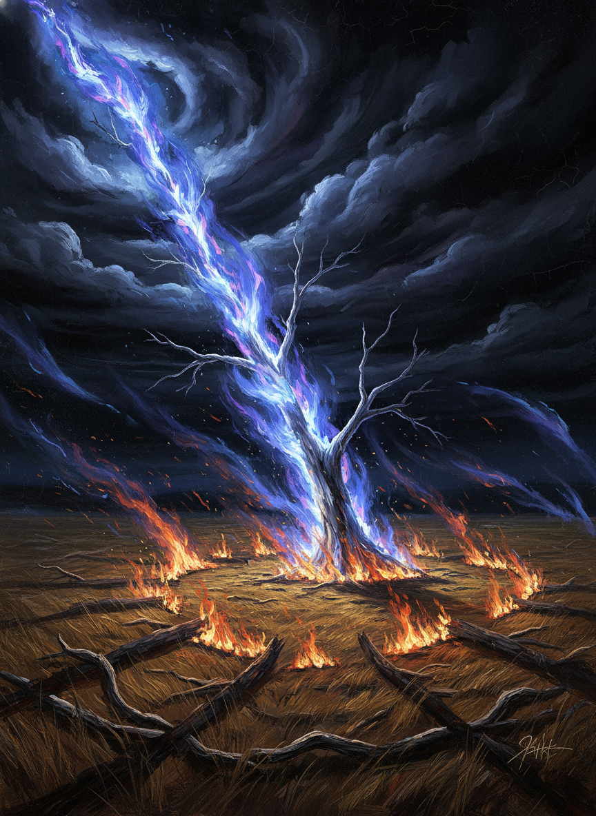 He lifted his face from the earth to see the final glory of the lightning bolt playing shimmering halos of glaring blue and purple all up and down the dead spear of gum tree; then, so quickly he hardly had time to understand what was happening, everything caught fire.