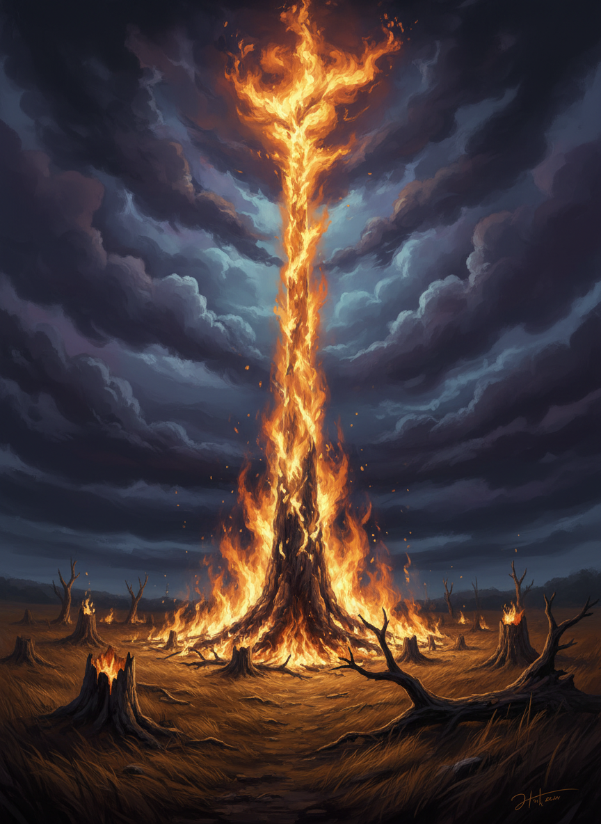 Like some defiant answer of the earth to the sky, the giant tree shot a pillar of flame far beyond its tip, the logs and stumps around it went up at the same moment, and in a circle from around the center great sheets of fire swept in the swirling wind, round and round and round.