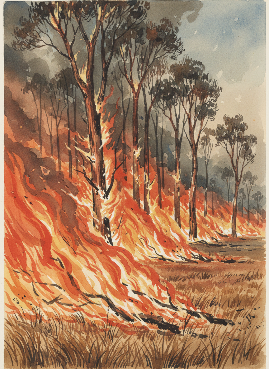 There were solid walls of fire in every direction Paddy looked; the trees were burning fiercely and the grass beneath his feet was roaring into flames.