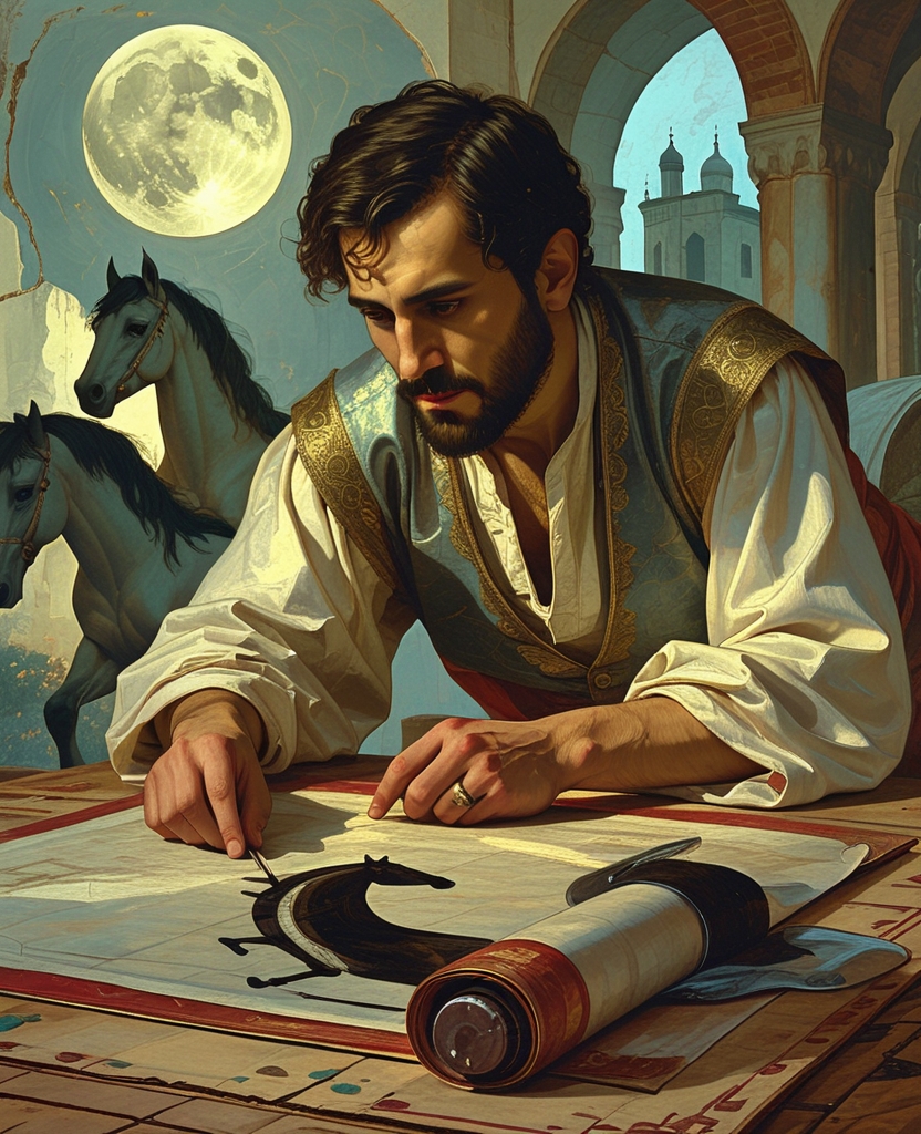 He looked at them with interest and, leaning close to the paper, began to study the black and white horses in the faint moonlight.