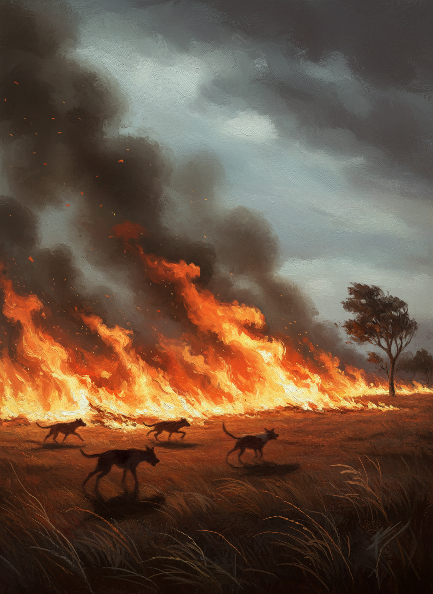For a moment it flared and danced, a living torch, then subsided into the blazing grass.